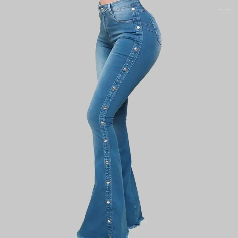 女性のジーンズカジュアルハイウエスト弾性床ドラッグパンツファッションポケットボタンフレア2024刺繍フレア漂白ズズボン30300