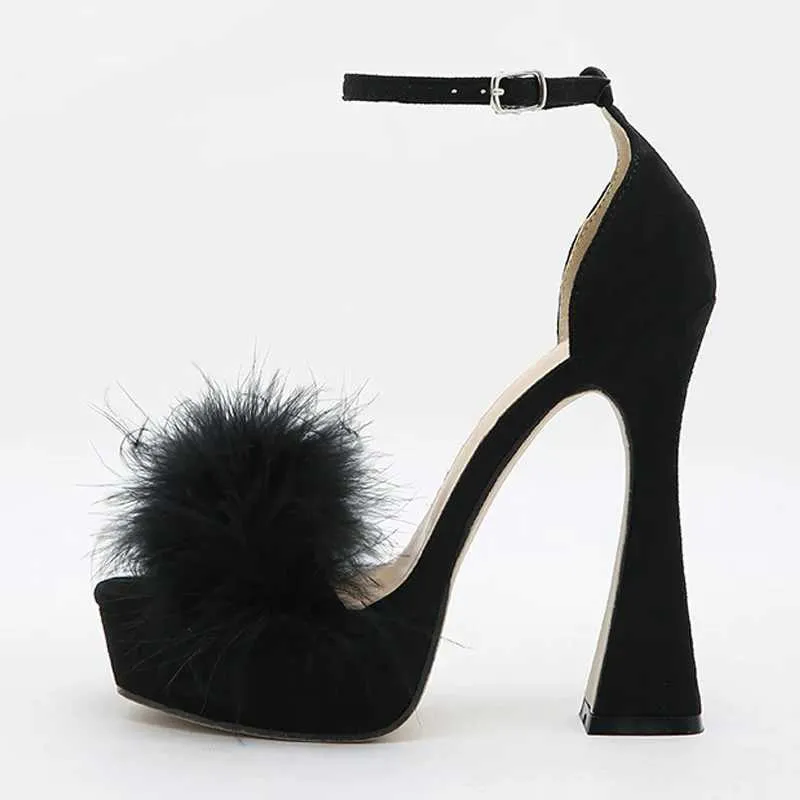 Dress Shoes Fashion Feather Fluffy High Heels Platform Sandals Women Peep Toe Ankle Buckle Strap Elegant Wedding Dress Shoes Sandalias H240401KZJM