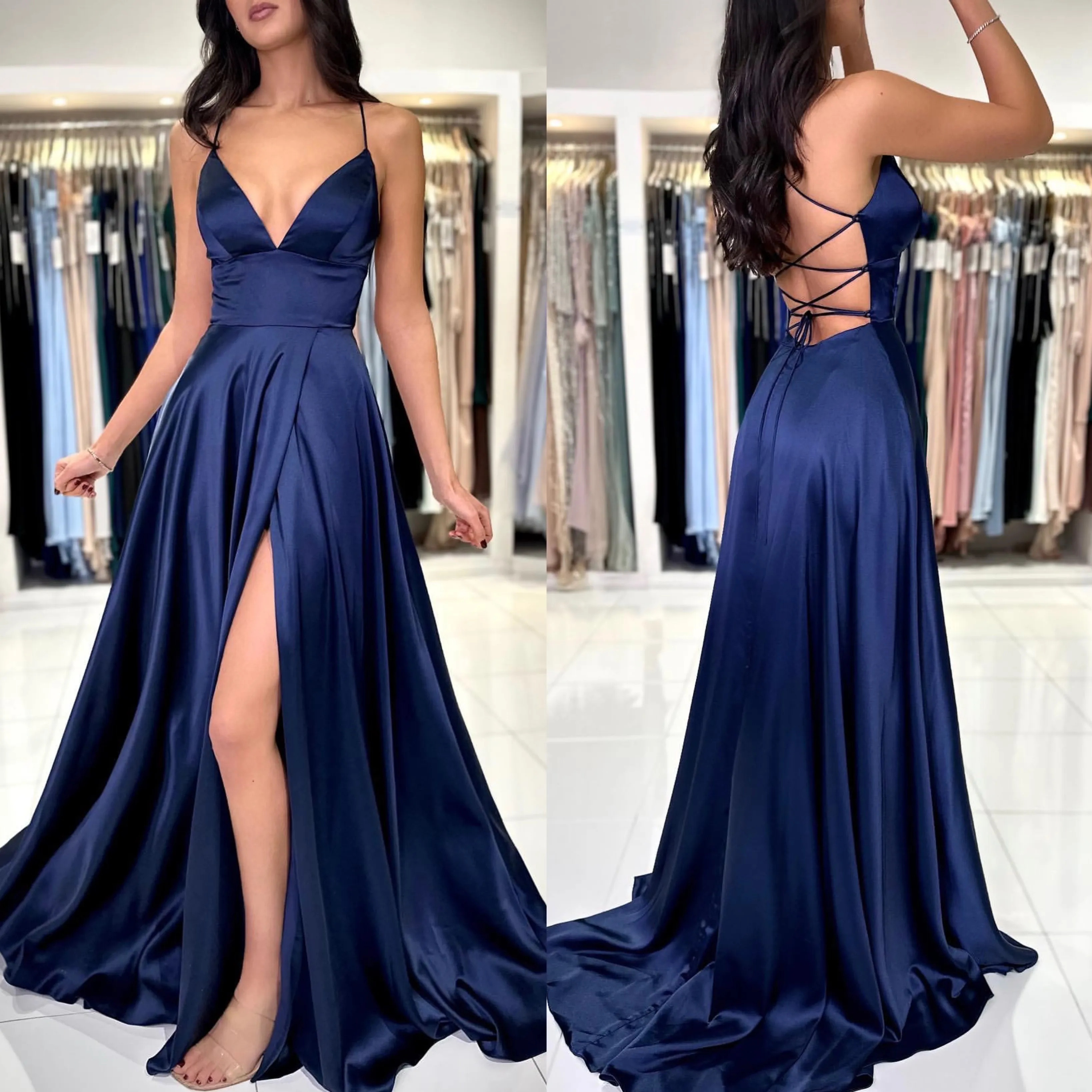 Sexy navy blue a line Prom Dress bridesmaid dress straps satin Evening Dresses elegant thigh split dresses for special occasion