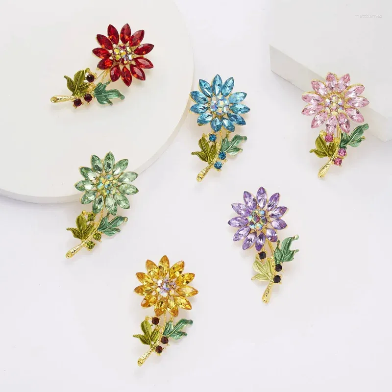 Brooches Crystal Flower For Women Fashion Enamel Sunflower Daisy Wedding Clothes Corsage Bouquet Pins Jewelry