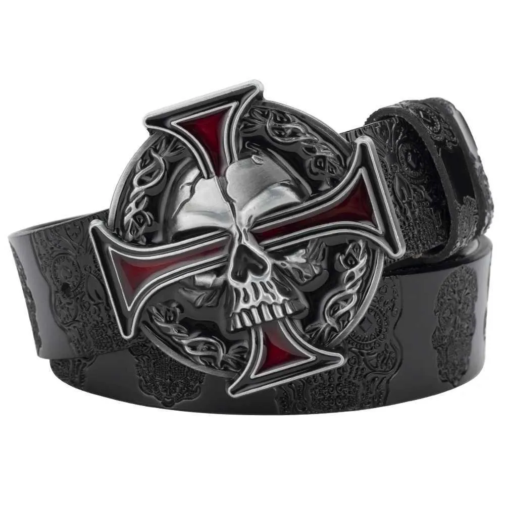 Belts Skull belt embossed pattern denim leather fashionable buckle Q240401