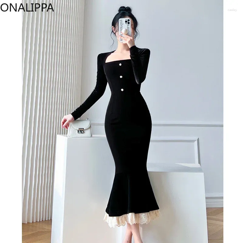 Abiti casual Onalippa Volant in pizzo Abito in velluto Colletto quadrato Manica lunga a coda di pesce Hip Maxi Coreano Hepburn Vento Nero Abiti Donna