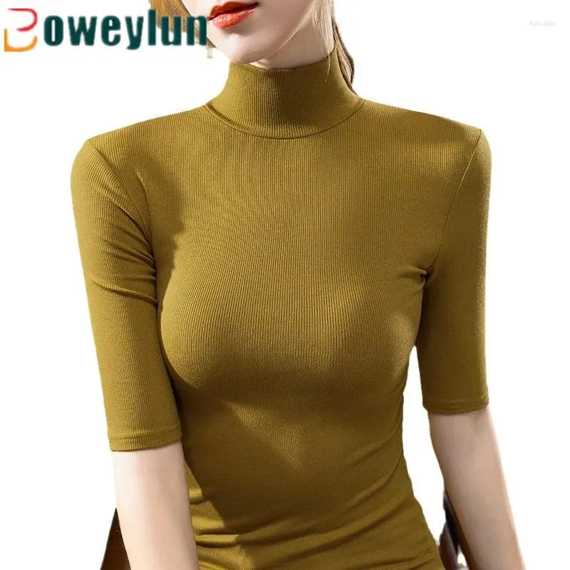 Damen-T-Shirts Boweylun Threaded Solid High-Neck Mid-Sleeve Bottom Shirt Bequemes, atmungsaktives, tailliertes Stretch-Schlankheits-T-Shirt-Oberteil für Damen