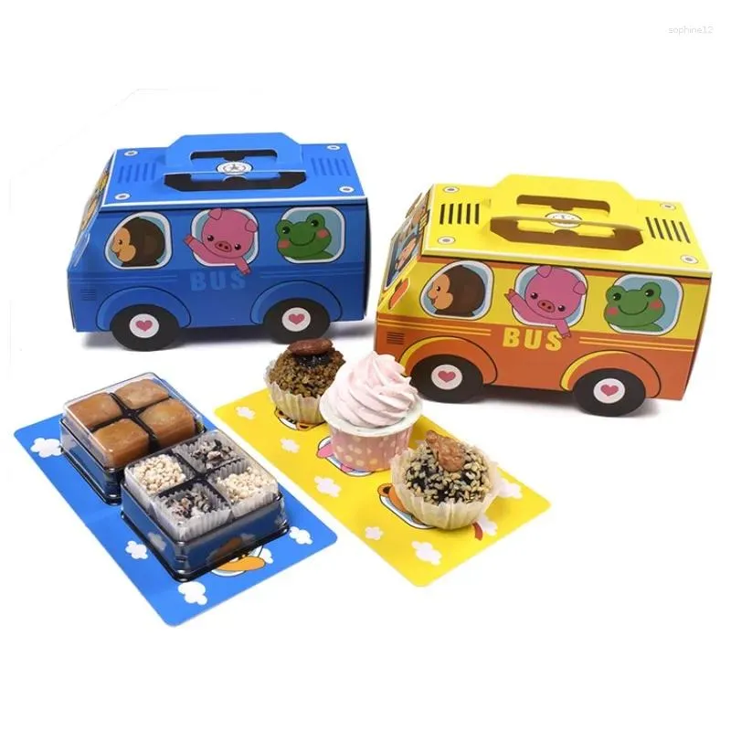 Present Wrap 10st Cartoon Bus Candy Cookies Box Portable Packaging for Birthday Baby Shower Favors Gäst S