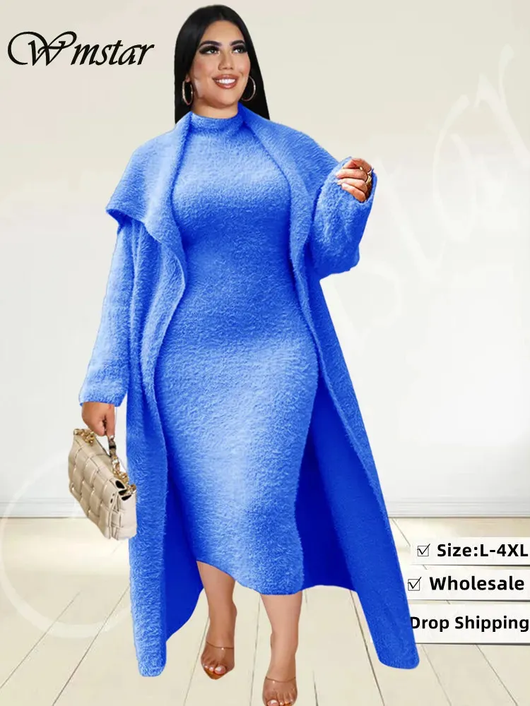Wmstar Plus Size Damenbekleidung, Kleidersets, 2-teilige Outfits, Kleider und Strickjacke, passender Anzug, Großhandel, Drop mit Gürtel 240320