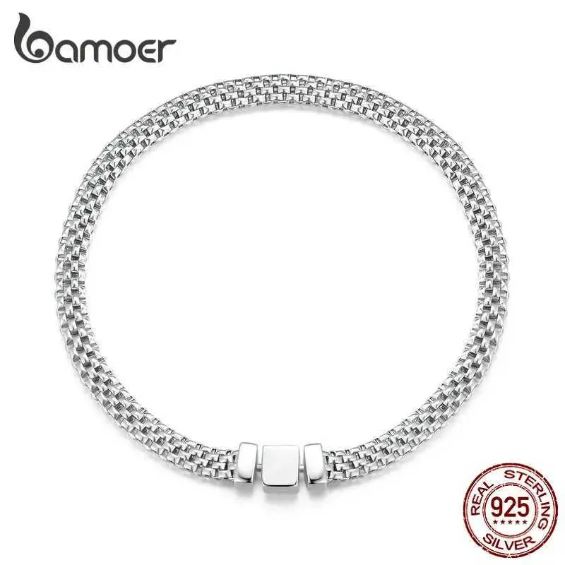 Chain Bamoer 925 sterling silver classic square buckle bracelet with retro woven silver chain womens platinum gold-plated exquisite jewelry Q240401