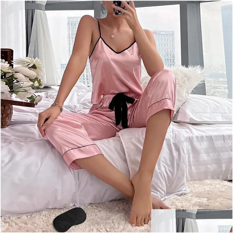 Vêtements de nuit pour femmes Pijamas Y Lingerie Pyjamas en soie Ensemble masque pour les yeux Satin Cami Gilet avec pantalon Vêtements de nuit Pyjama Femme Mujer Drop Livraison Dhwxa