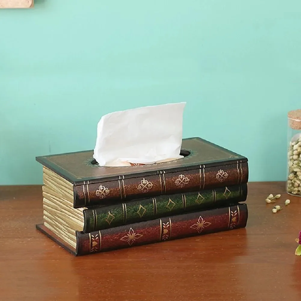 Retro Wood Book Shape Tissue Box Rectangle Napkin Paper Holder Storage Case 240327