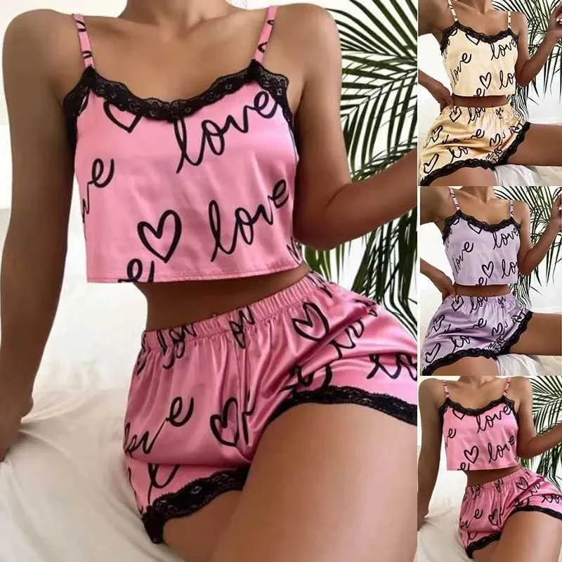 Sexy pijamas 2 peças conjunto mulheres pijama shorts terno homewear impressão roupa interior pijama sexy lingerie camisolas tanques nighty senhoras sleepwear 240330