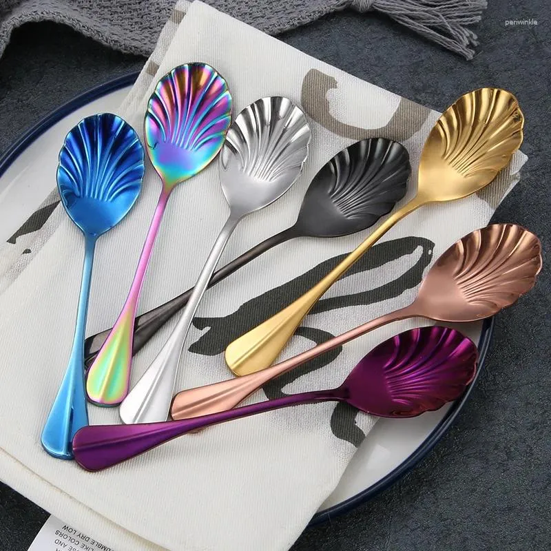 Spoons Shell Shape Stainless Steel Teaspoons Coffee Short Handle Ice Cream Sugar Dessert Spoon Colorful Kitchen Supplies