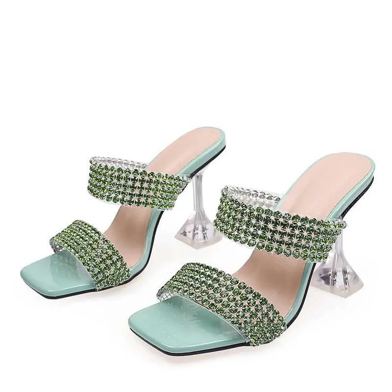 Chaussures habillées Sexy vert strass femmes clair talons hauts pantoufles été robe de soirée chaussures femme cristal PVC sandales transparentes H240401OYJ6