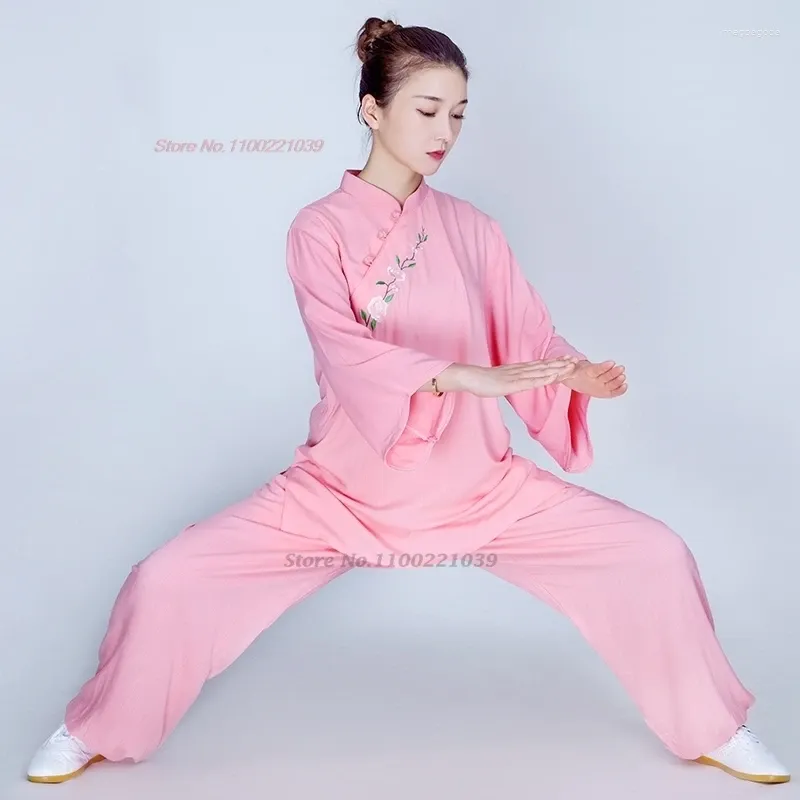 Etnik Giyim 2024 Çin Tai Chi Eğitim Egzersizi Dövüş Sanatları Ulusal Çiçek Nakış Pamuk Keten Taijiquan Spor Üniforması