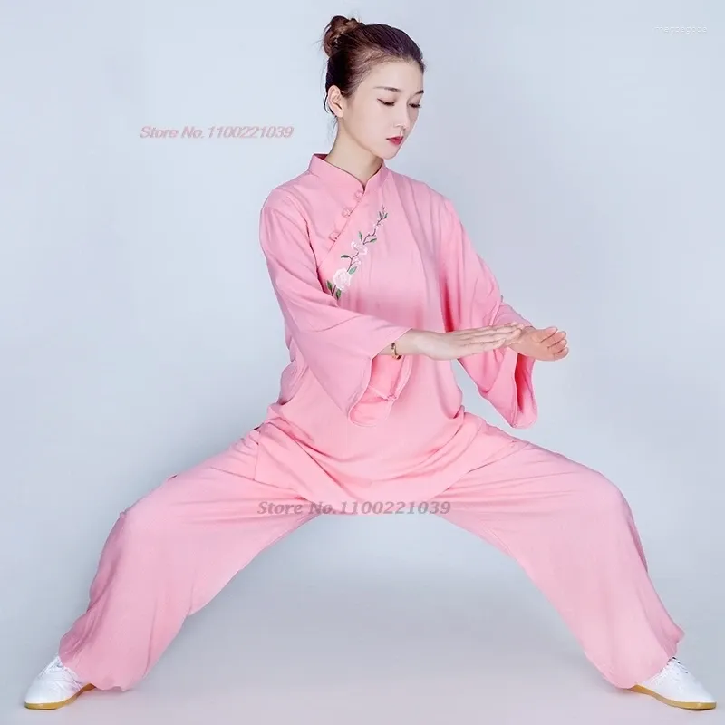 Roupas étnicas 2024 Chinês Tai Chi Treinamento Exercício Artes Marciais Nacional Flor Bordado Algodão Linho Taijiquan Uniforme Esportivo