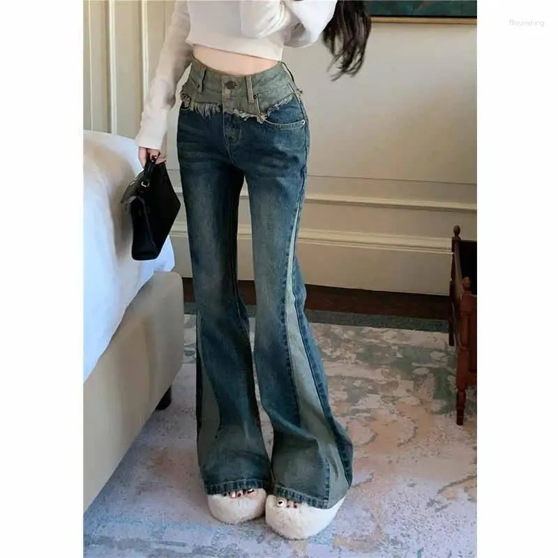 Women's Jeans 2024 Spliced Leisure Flared Spring Autumn High-waist Slim-fit Pants Retro Street Female Denim Trousers T173
