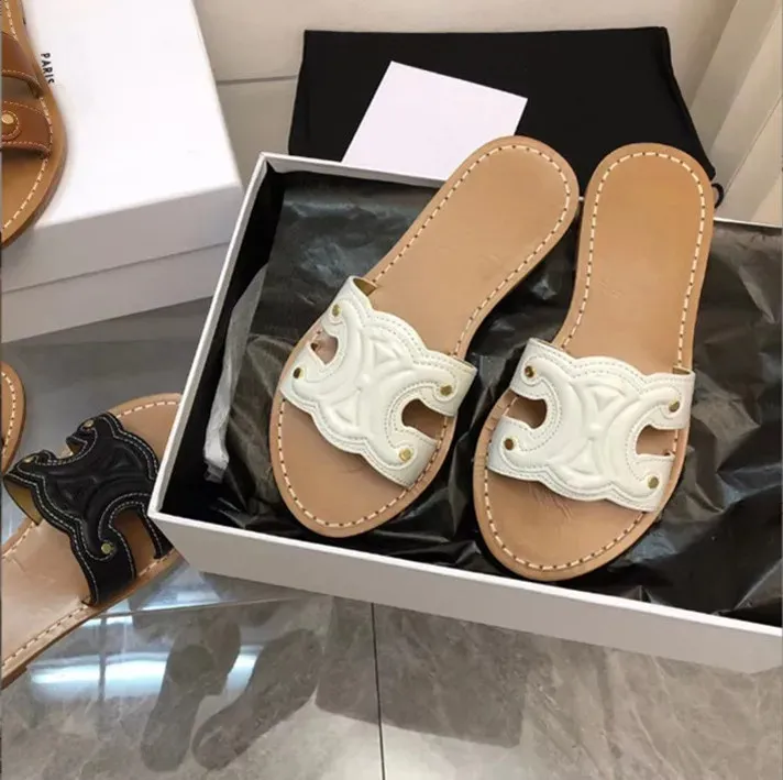 Mule de marque de styliste pour femmes, pantoufles en cuir de veau, sandales plates d'été, plage décontractées, diapositives en cuir, curseur noir et blanc