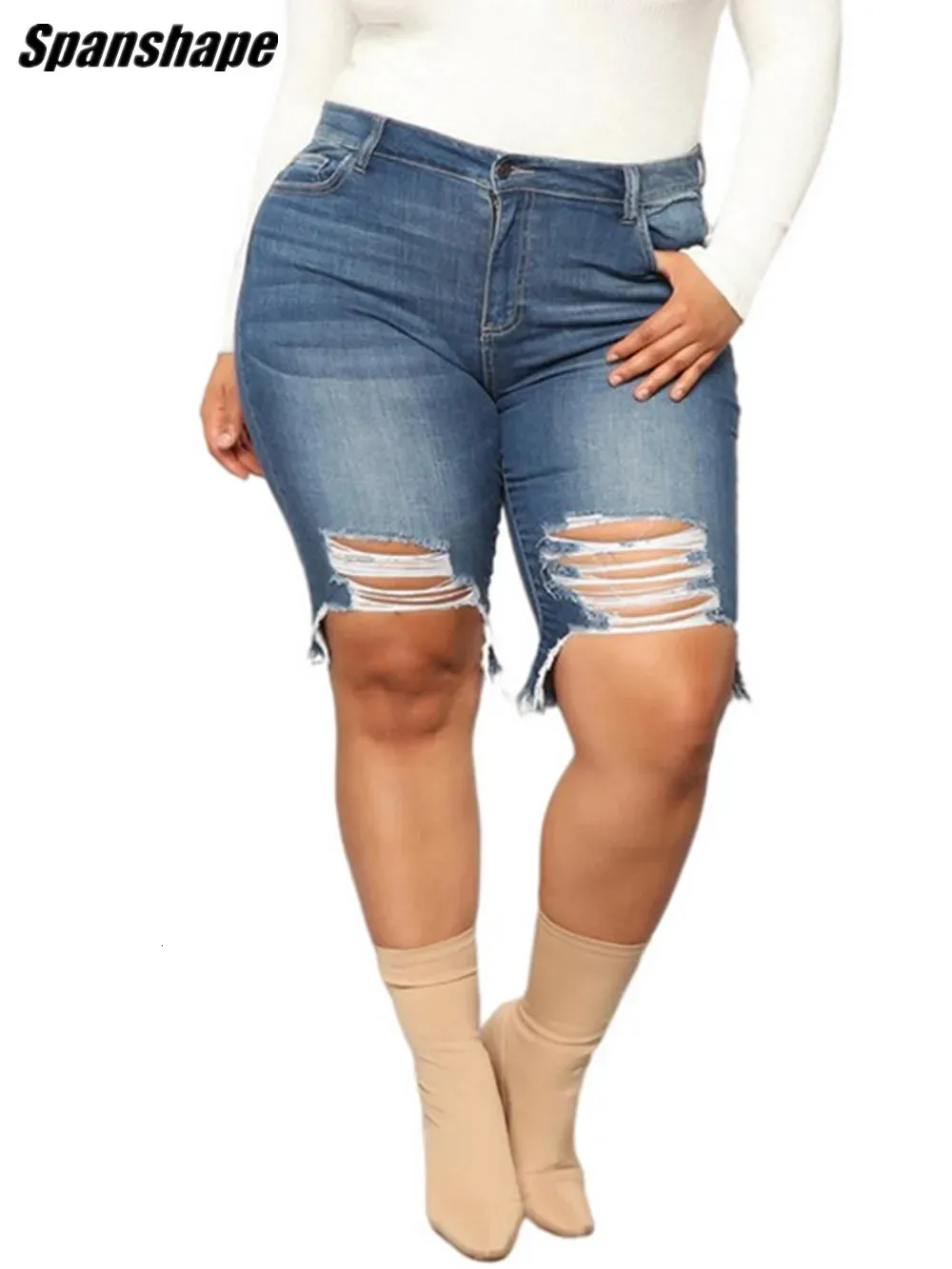 Zerrissene Denim-Shorts in Übergröße für Damen, Basic, hohe Taille, gelockt, schmal, dehnbar, Sommer, ouc1037 240322