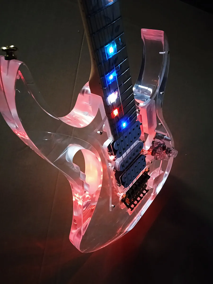 Guitarra elétrica 6 cordas transparente transparente crstal vítreo límpido pelúcido corpo acrílico com luz azul frete grátis luz led azul 10 cores