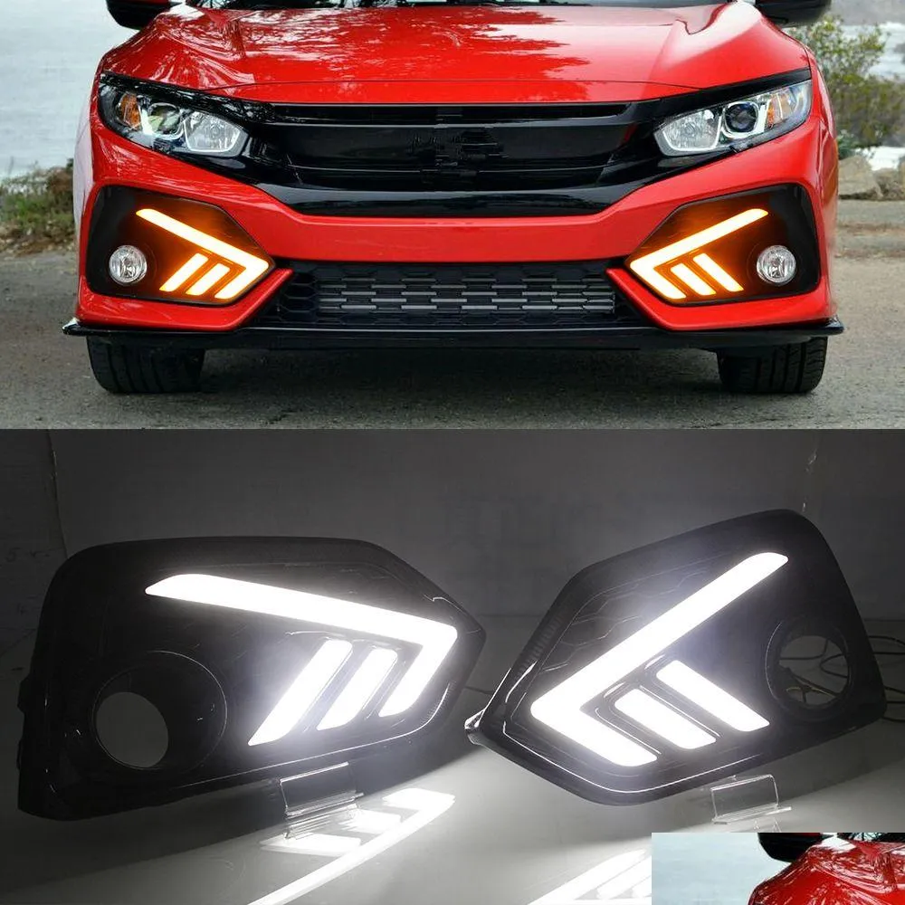 DayTime Runnung Lights 1 par för Honda Civic 10th Hatchback LED DRL Running med Yellow Turn Signal Fog Lamp275T Drop Delivery Automo OT5iy