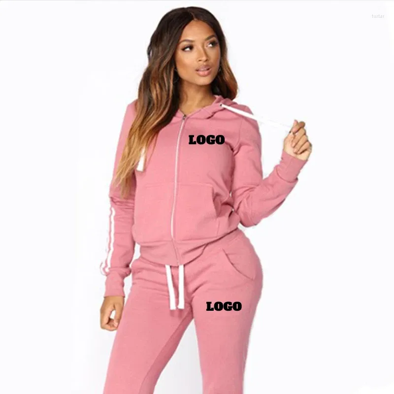 Calças de duas peças femininas logotipo personalizado fatos de treino manga longa solto com capuz zíper topos sweatpants peças ternos feminino casual roupas esportivas