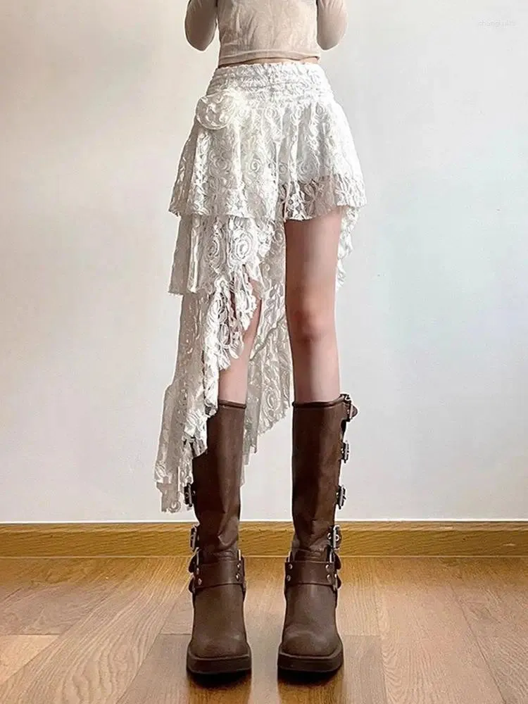 Skirts Fashion Rose Lace Crochet Hollow Layered Slant Hem Halter Irregular Flutter Midi Skirt Women's Simple Short