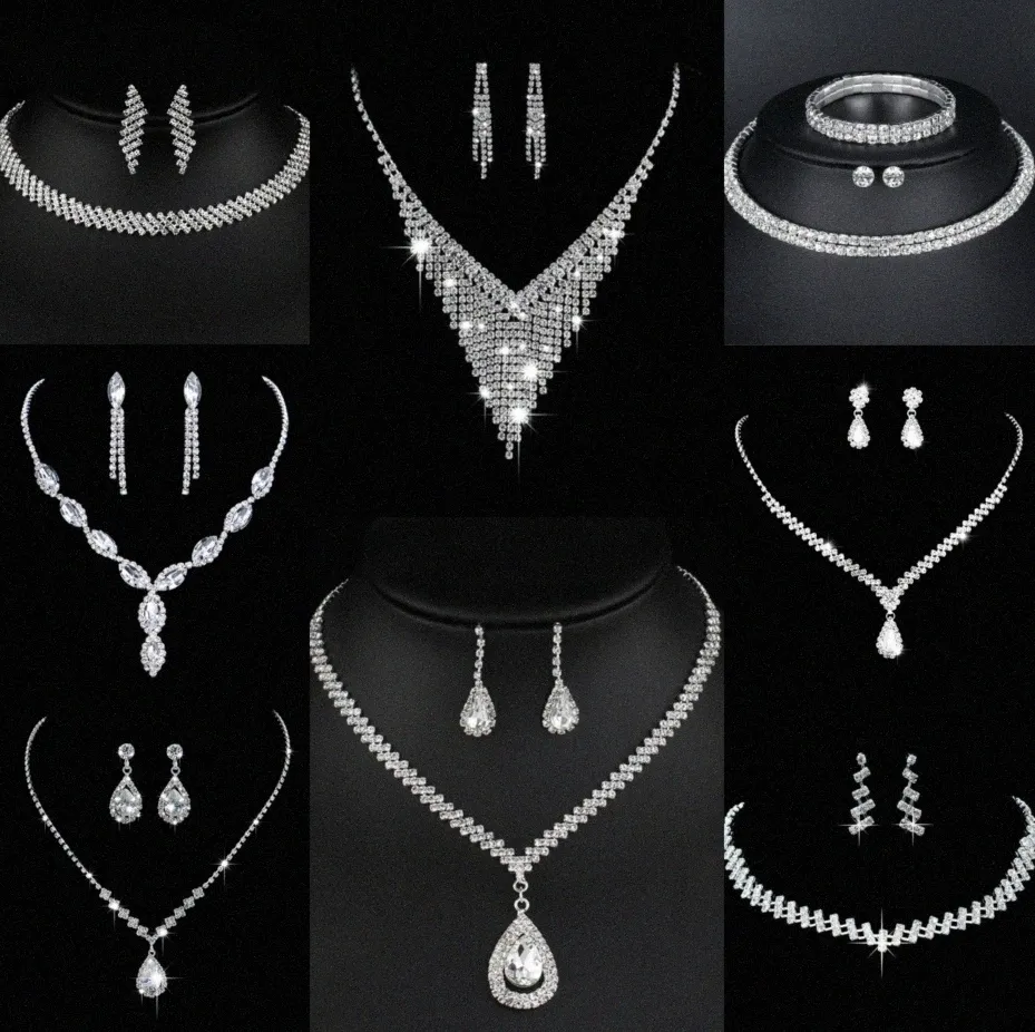 Wertvolles Labordiamant-Schmuckset Sterlingsilber-Hochzeits-Halsketten-Ohrringe für Frauen-Braut-Verlobungs-Schmuck-Geschenk d8qf #