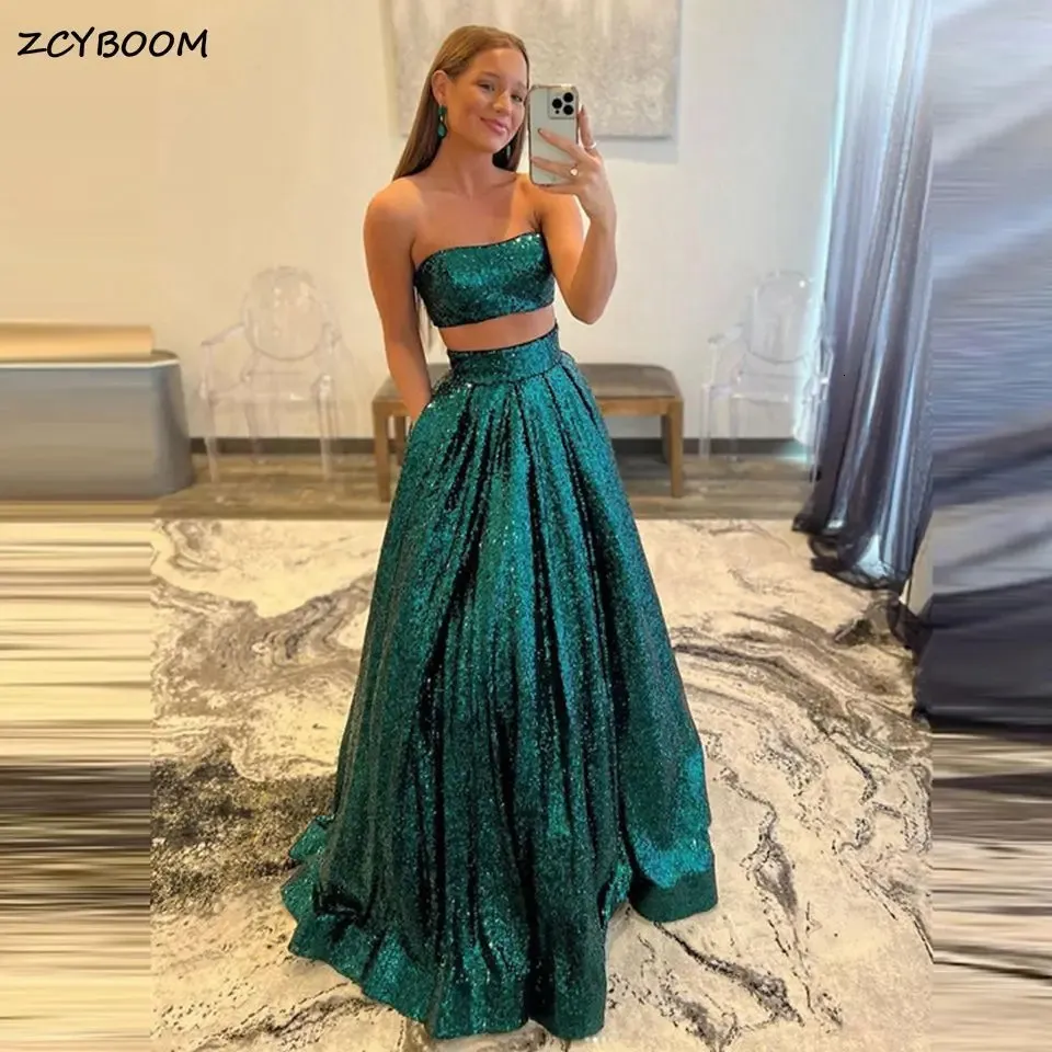 Sexy Green Two Pieces Glitter Sequined Party Prom Gowns ALine Strapless Floor Length Women Evening Dresses Robe De 240401