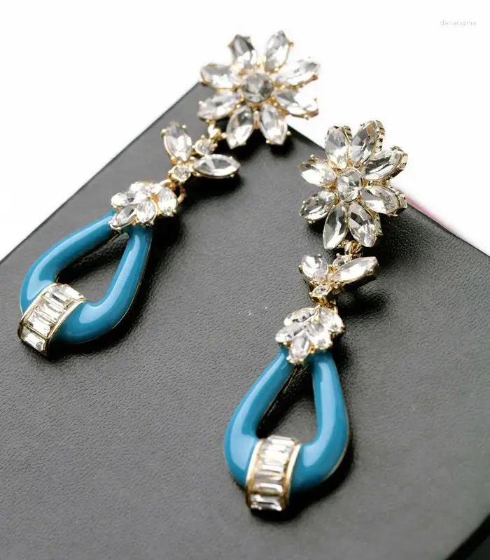 Dangle Earrings Handcraft Long Earring Resin Glass Enamel Zinc Alloy Shiny Crystal Flower Blue Triangle Fashion Jewelry