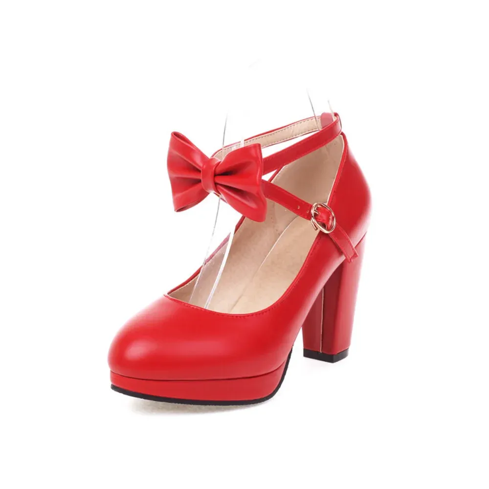 Pumps lolita schoenen enkelriem dames platform hoge hakken schattige pumps zoete boog dames kantoor schoenen cosplay rood wit roze zwart