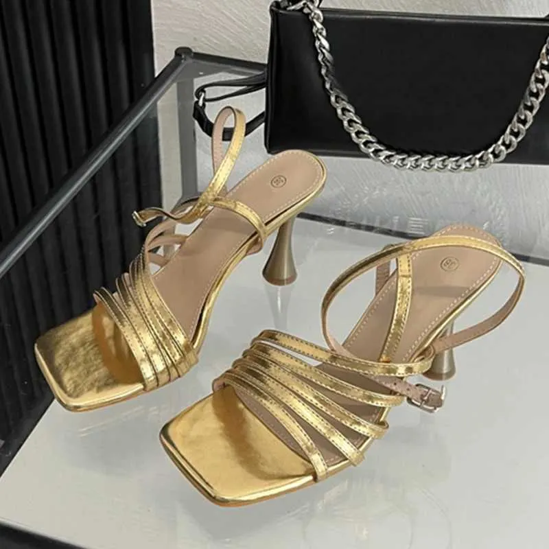 Dress Shoes 2024 New Golden Silver Square Toe Sandals Women Summer Fashion Ankle Buckle Strap Gladiator High Heels Female Dress Shoes H24040137KP