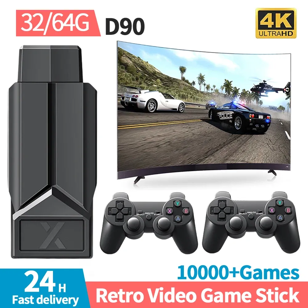 Konsoler D90 Retro Game Stick Buildin Game Game Player Console 9 Emulators Wireless Retro Game Console 4K Hdmicompatible Output