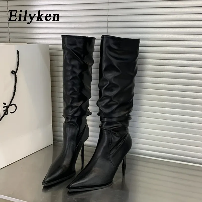 Laarzen eilyken geplooide serpentine kneehigh dames boot mode puntige teen paal dansende schoenen sexy hoge hakken botines mujer