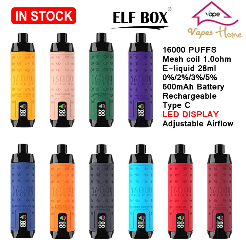 Nouveau ELF BOX 16000 Puffs SHISHA 16K Vapes Boîte numérique Jetable Vape Pen Kits de dispositifs jetables E Cigarette 12 Saveurs 600mAh Batterie 28ml Pod Big Vapor