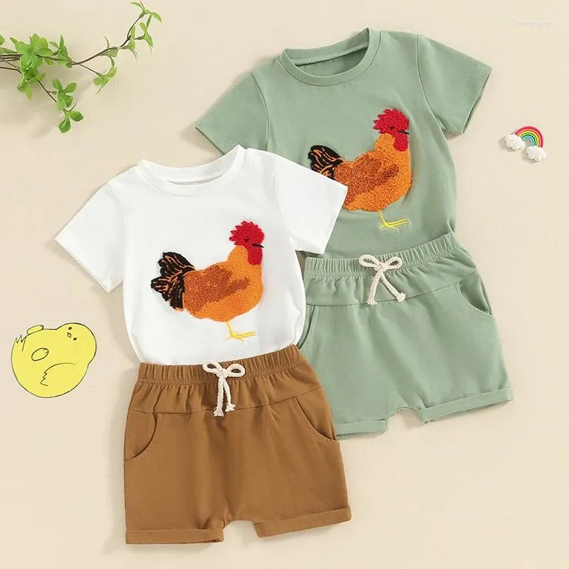 Комплекты одежды для маленьких мальчиков и девочек, летние футболки с короткими рукавами и вышивкой петуха, топы, шорты с эластичной резинкой на талии, спортивные костюмы