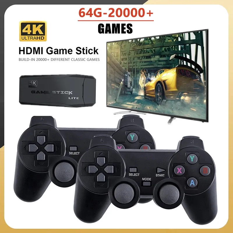 Konsollar Video Oyunu Stick Lite 4K HDMI Video Oyunu Konsolu 64GB Çift Kablosuz Denetleyici 20000+ Retro Oyunlar Kutusu Kid Noel Hediyesi