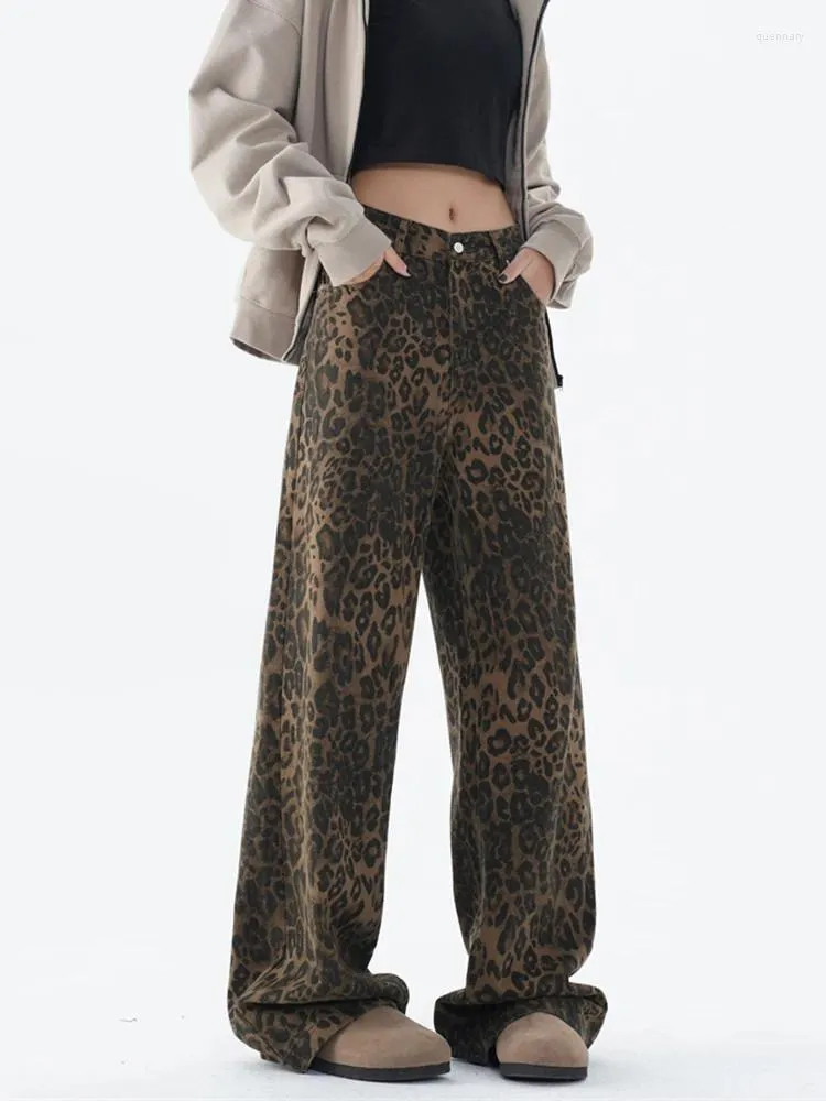 Jeans pour femmes taille haute imprimé léopard femmes Y2k jambe large pantalon marron rétro baggy petit ami lâche surdimensionné pantalon hip hop