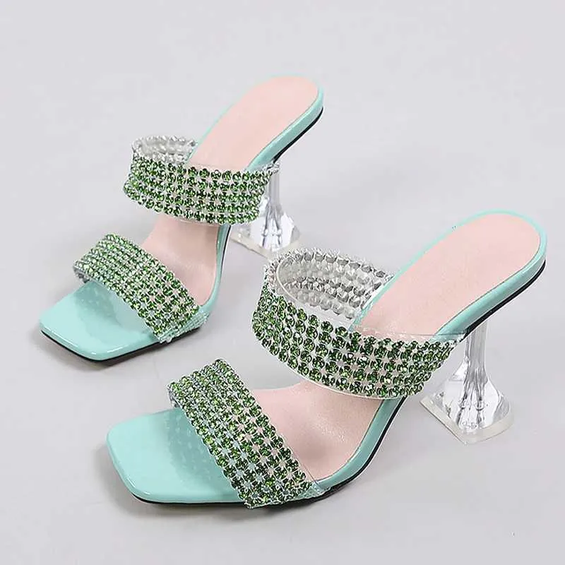 Jurk Schoenen Sexy Groene Strass Womens Heldere Hoge Hakken Slippers Zomer Feestjurk Schoenen Vrouwelijke Kristal PVC Transparante Sandalen H240401