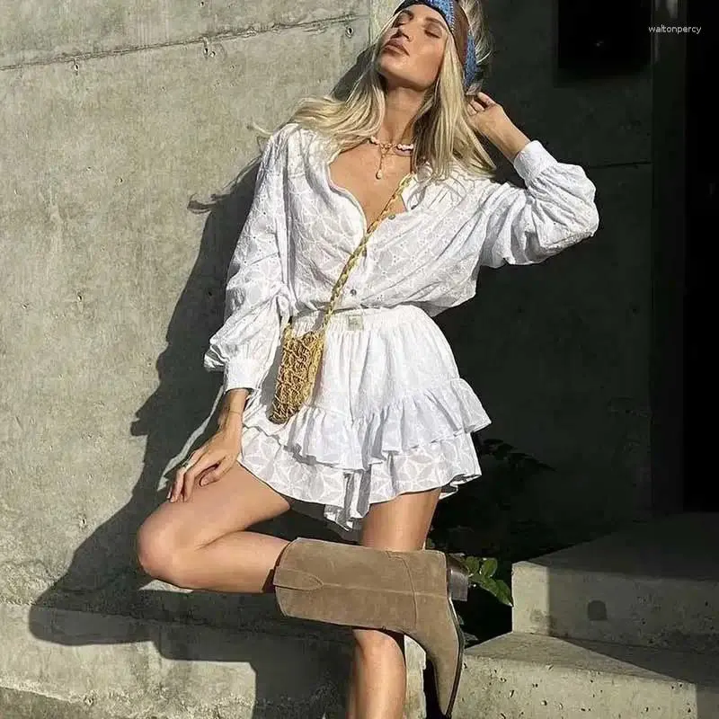 white christmas dresses Sail to Sable Cabbage & White Eyelet V-Neck Flutter Sleeve Mini Dress WHITE/CABBAGE/GOLD / XXS / SU2524