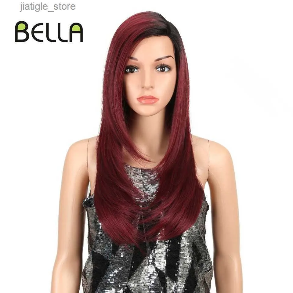 Synthetic Wigs Bella Straight Lace Wig Synthetic Burgundy Red Pink Blonde Side Part 24 Inch Straight Lace Wigs Cosplay Wig For Black Women Y240401