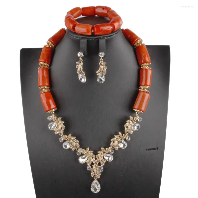 Collana orecchini set 1 fila braccialetto di corallo arancione nigeriano Dubai matrimonio perline da sposa africane gioielli per uomini e donne