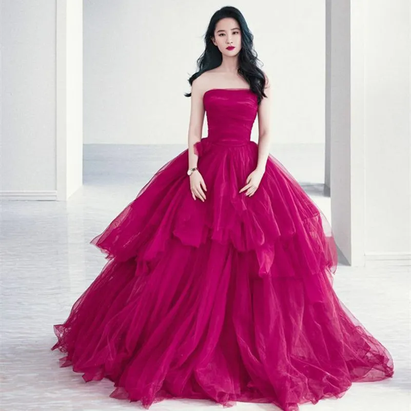 أنيقة طويلة الفوشيا أورجانيز المشاهير فساتين المشاهير A-line blitherled plats Sweep Train Train Up Back Prom Dresses for Women