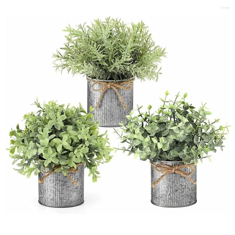 Vases 3 pots en plastique plantes vertes en métal pot de fleur style rétro seau en fer simulé arbre d'eucalyptus