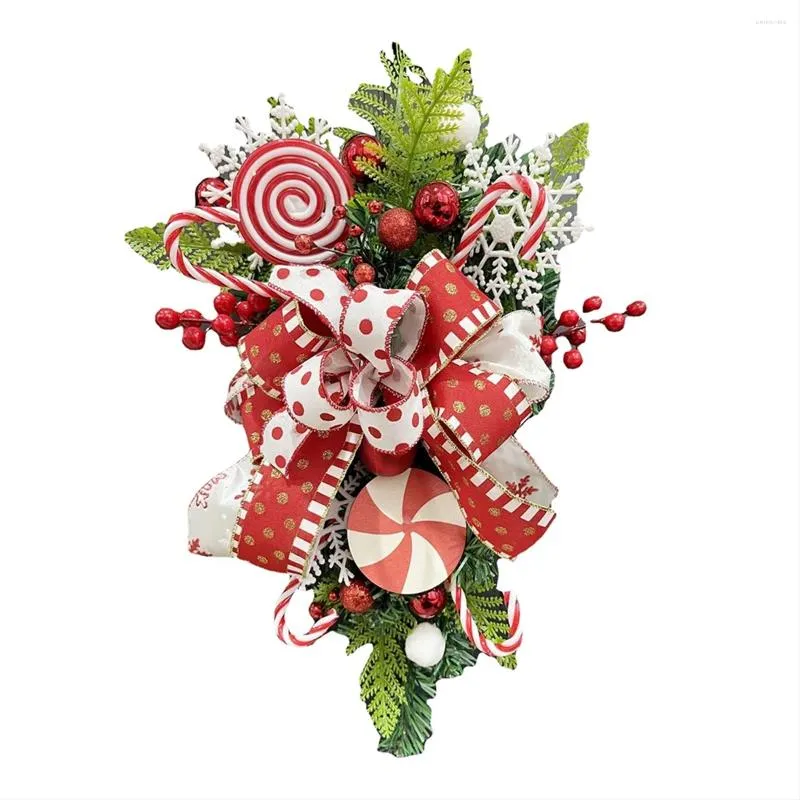 Décoration de fête de Noël en forme de larme florale avec nœud de bonbons et baies rouges, couronne suspendue, porte artificielle