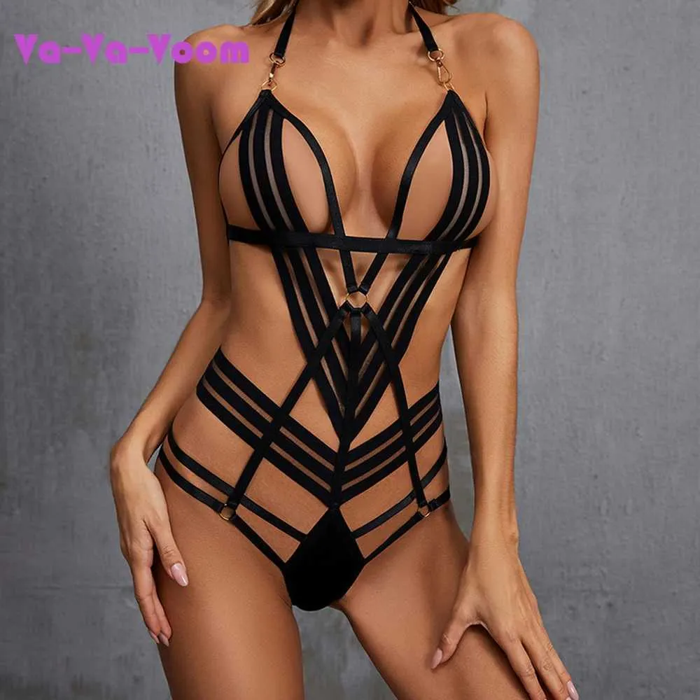 Sexy Pyjama Nieuwe Zwarte Halter Erotische Lingerie Set Vrouw Sexy Body Sensuele Porno Consume Verleiding Fancy Bandage Uniform Intiem Paar 240330