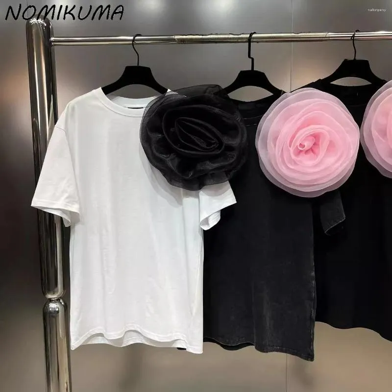 Koszule damskie nomikuma 2024 wiosenna okrągła szyja krótki rękaw 3D duży kwiat przyczynowy koreański t-shirt letni top