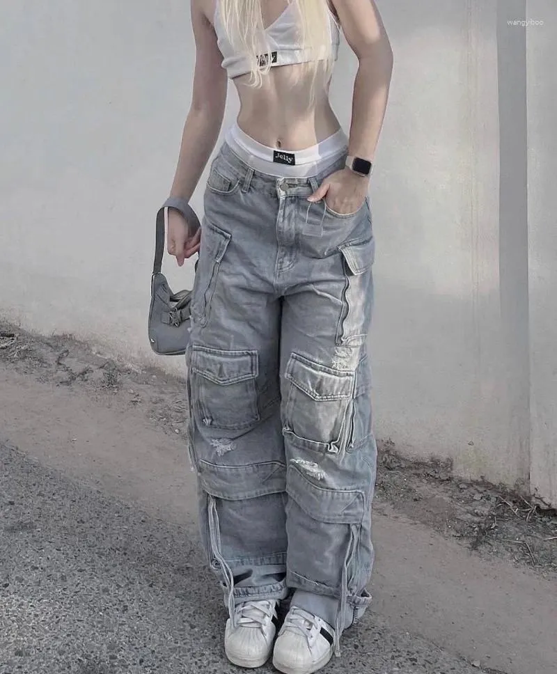 Jeans da donna Salopette lavata multitasche stile americano per donna Y2k Pantaloni hip-hop larghi larghi Harajuku da strada retrò
