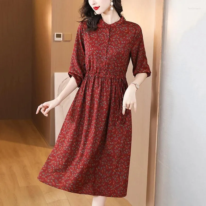 Casual Dresses Women Wine Elegant Real Silk Dress O-Neck Chic Party A-LINE Folds Summer For Office Big Swing Vestido