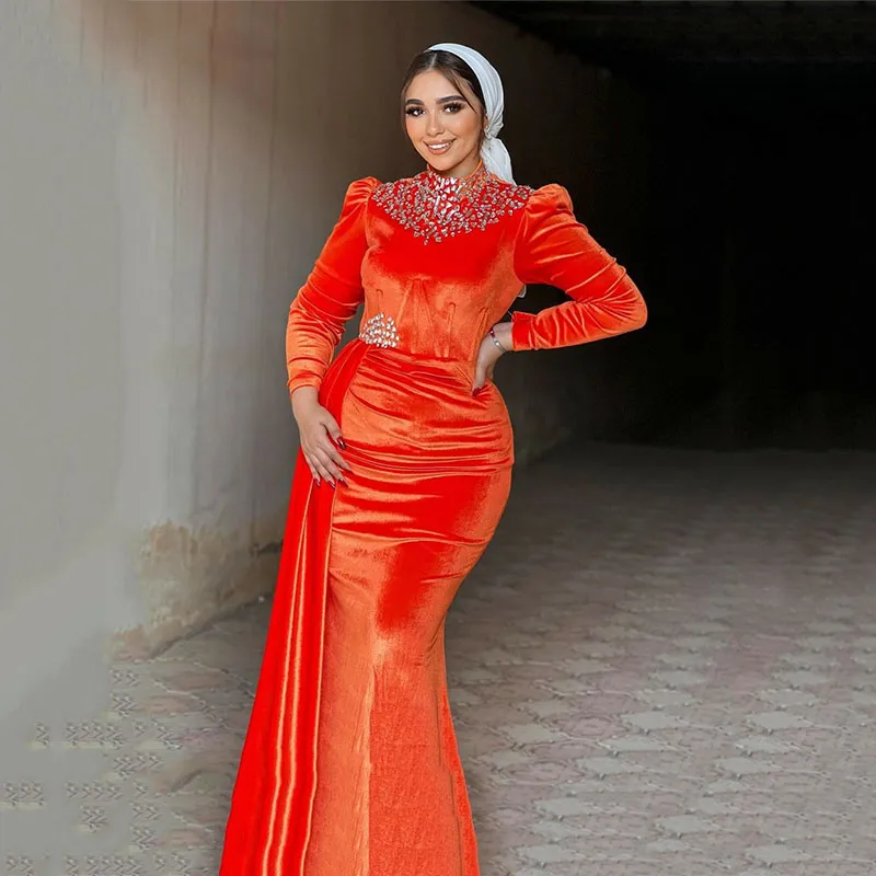Orange Muslim Evening Dresses High Collar Long Sleeve with Bead Arabic Dubai Formal Dress Overskirt Velvet robe de soiree