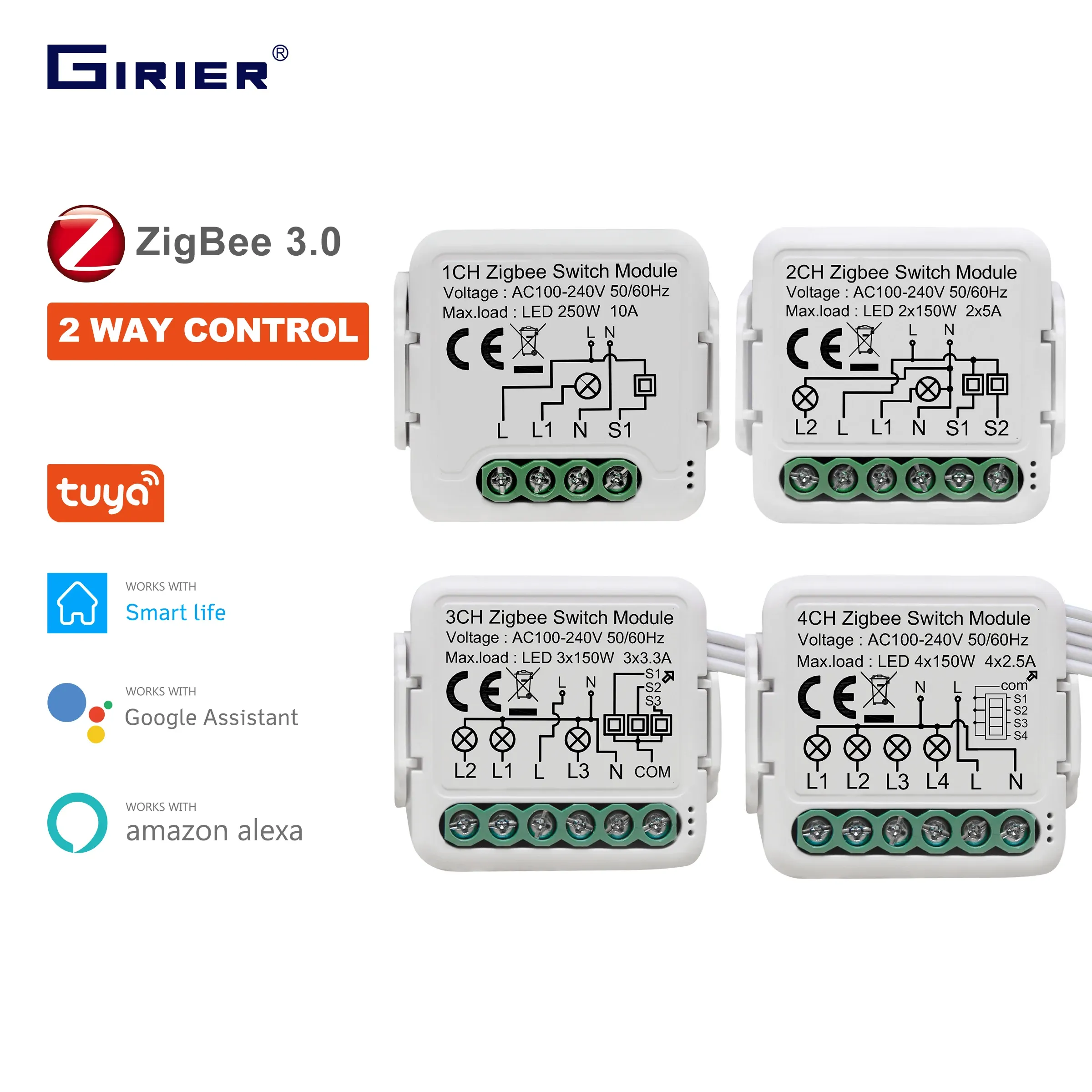 コントロールGirier Tuya Zigbee 3.0スイッチモジュール10AスマートホームDIYブレーカー1 2 3 4ギャングサポート2ウェイコントロールワークスアレクサグーグルホーム