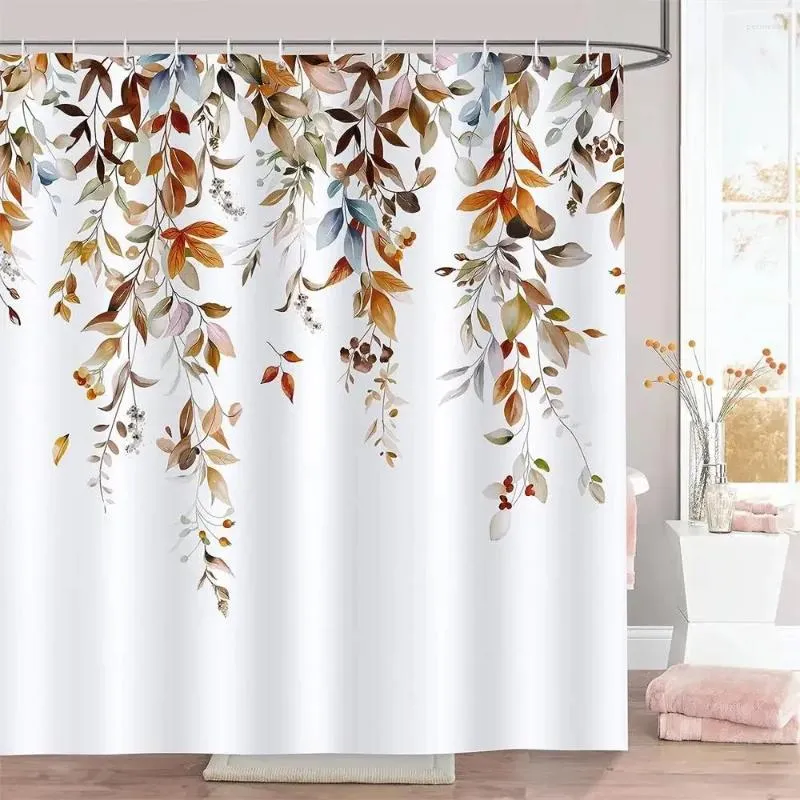 Cortinas de chuveiro marrom eucalipto folhas cortina queda folha aquarela planta poliéster tecido banheiro banho decoração conjunto com ganchos