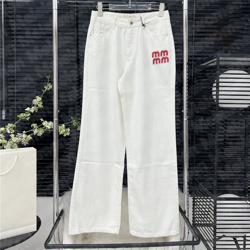 Miu Rhinestone Letter Designer Jeans Women Denim Long Pants Cool Girls High Weist Breaters Jean Streetwear